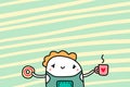 Cute cartoon barista holding cup of coffee and donut, hand drawn vector illustration.