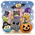 Cute Cartoon Bat with pumpkin and five owls Royalty Free Stock Photo