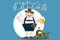 Cute cartoon Bavarian man with beer, sausage and pretzel. Royalty Free Stock Photo