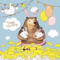 Cute cartoon bear with the balloons holding two little bunnies. Happy Birthday card design. Hand Drawn Royalty Free Stock Photo