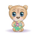 Cute cartoon bear with big eyes and holding a bouquet of flowers, greeting design