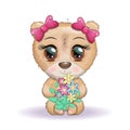 Cute cartoon bear with big eyes and holding a bouquet of flowers, greeting design
