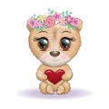 Cute cartoon bear with big eyes and holding a heart, in a wreath of flowers Royalty Free Stock Photo