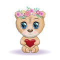 Cute cartoon bear with big eyes and holding a heart, in a wreath of flowers Royalty Free Stock Photo