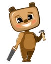 Cute cartoon Bear the carpentry with a saw and a hammer. Flat style. Helps dad. Picture for children. Funny kid animal