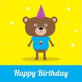 Cute cartoon bear with hat. Happy Birthday party card.