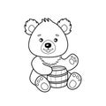 Cute cartoon bear with a keg of honey for coloring page or book. Outline of little bruin isolated on white background. Childish or