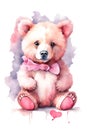 Cute cartoon bear with pink bow tie. Watercolor illustration Royalty Free Stock Photo