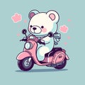 A cute cartoon bear on a pink moped