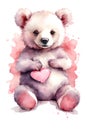 Cute cartoon bear with red heart. Watercolor illustration. Royalty Free Stock Photo