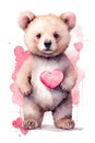 Cute cartoon bear with red heart. Watercolor illustration. Royalty Free Stock Photo