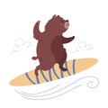 Bear surfer blancing on a surfboard. Editable vector illustration