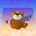 Cute cartoon bear in a scarf with a cup