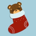 Cute cartoon bear sleeping in Christmas stockings. Vector illustration of Christmas socks Royalty Free Stock Photo