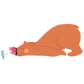 Cute cartoon bear smelling the flower. Vector illustration.