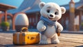 Cute cartoon bear with a suitcase the platform