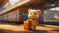 Cute cartoon bear suitcase the platform departure character design happy