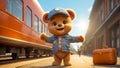 Cute cartoon bear suitcase the platform departure character design happy concept