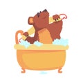 Cute cartoon bear taking a bath washing its body with washcloth, brown bear washing in foamy bathtub colorful character