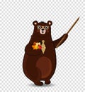 Cute cartoon bear teacher holding pointer and autumn leaves isolated on transparent background. Royalty Free Stock Photo