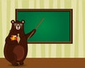 Cute cartoon bear teacher holding pointer and autumn leaves in classroom Royalty Free Stock Photo