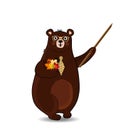 Cute cartoon bear teacher holding pointer and autumn leaves isolated on white background. Royalty Free Stock Photo