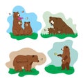 Cute cartoon bear vector illustration set. Wild animal in nature. Royalty Free Stock Photo