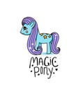 Cute cartoon , beautiful magic pony princess character, vector kids illustration isolated on white.