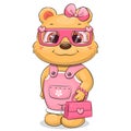 Cute cartoon beauty bear in pink jumpsuit, glasses, hair bow holds a bag.