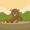 cute cartoon beaver character in the forest