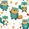 Cute cartoon beaver characters with different poses. Seamless pattern set of beavers. Royalty Free Stock Photo