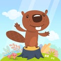 Cute cartoon beaver standing on stump. Vector illustrated