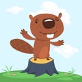 Cute cartoon beaver standing on stump. Vector illustrated. Design for print, sticker, decoration or children book.