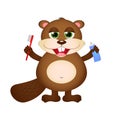 Cute cartoon beaver with toothbrush and toothpaste in hands. Vector illustration isolated on white background.