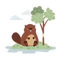 Cute cartoon beaver and tree. Vector illustration