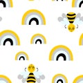 Cute cartoon bee or Bumble Bee and rainbow. Flat style. Vector seamless pattern on white. Hand drawn insects