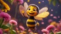cute cartoon bee character, flowers cheerful floral