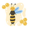 Cute cartoon bee. Hand drawn. Yellow background with honeycomb. Kids illustration Royalty Free Stock Photo