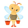 Cute cartoon bee with honey buckets