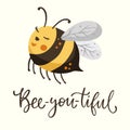 Cute cartoon bee illustration design with lettering funny quote.