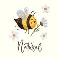 Cute cartoon bee illustration design with lettering funny quote.