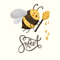 Cute cartoon bee illustration design with lettering funny quote.