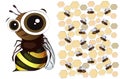 A cute cartoon bee on a white background. Bee swarm and honeycomb