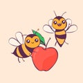 Cute cartoon bees carry an apple