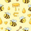 Cute cartoon bees and honey dripping pattern seamless background yellow spring theme Royalty Free Stock Photo