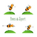 Cute cartoon bees and sport set on the hillock.