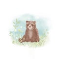 Cute cartoon bear on meadow with flowers. Cartoon animal character design. kids background. Hand drawn baby watercolor illustrati