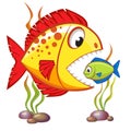 Cute cartoon big fish eat small fish. Business concept Royalty Free Stock Photo