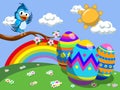 Cute Cartoon Bird branch wishing happy Easter meadow