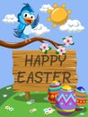 Cute Cartoon Bird on the branch wishing happy Easter meadow